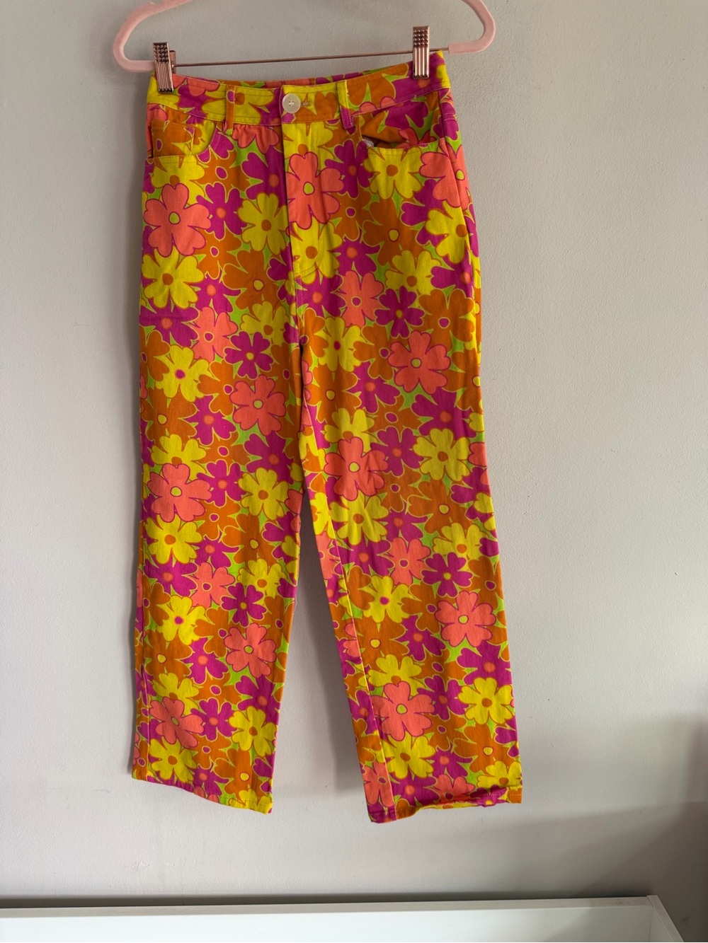 Another Girl Floral Straight Leg Pants Orange Pink Yellow Retro 60s Daisy Size 4